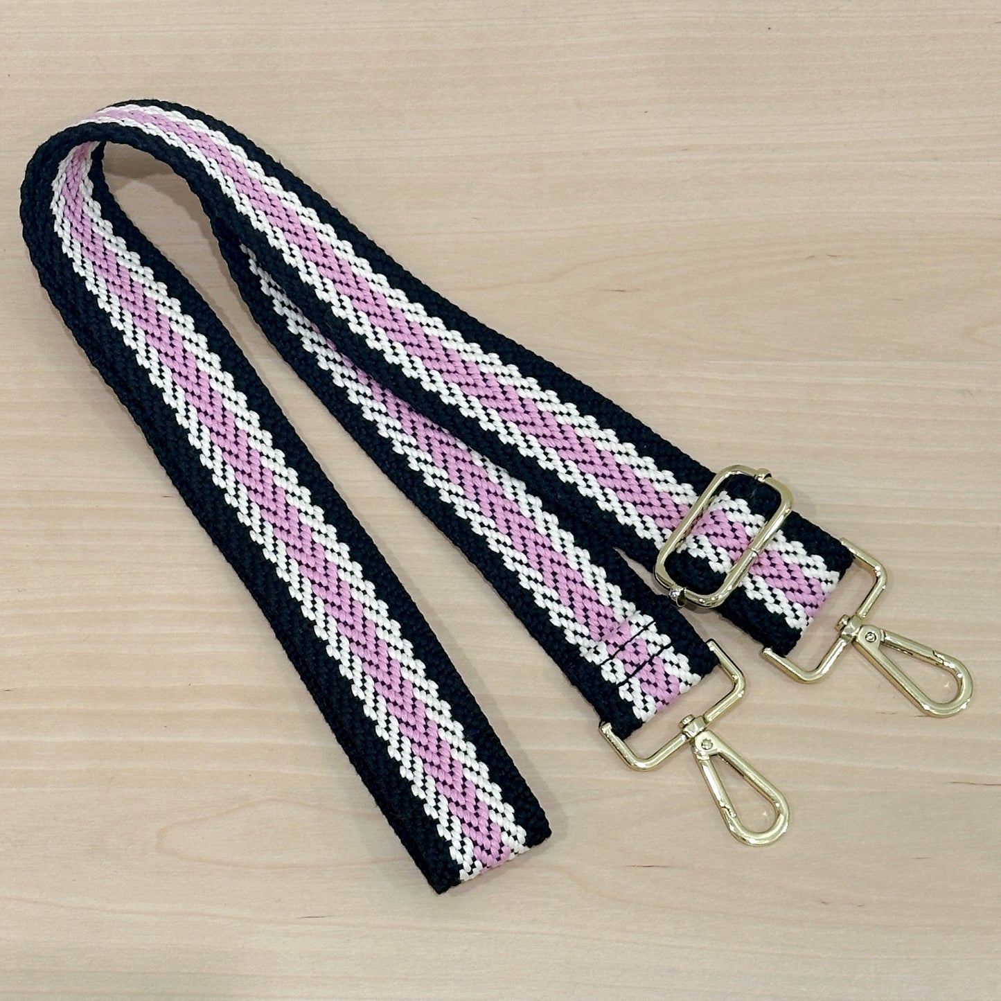 Roman Holiday Bag Strap Thin Stripe Print - Pink/Black/White - Gold