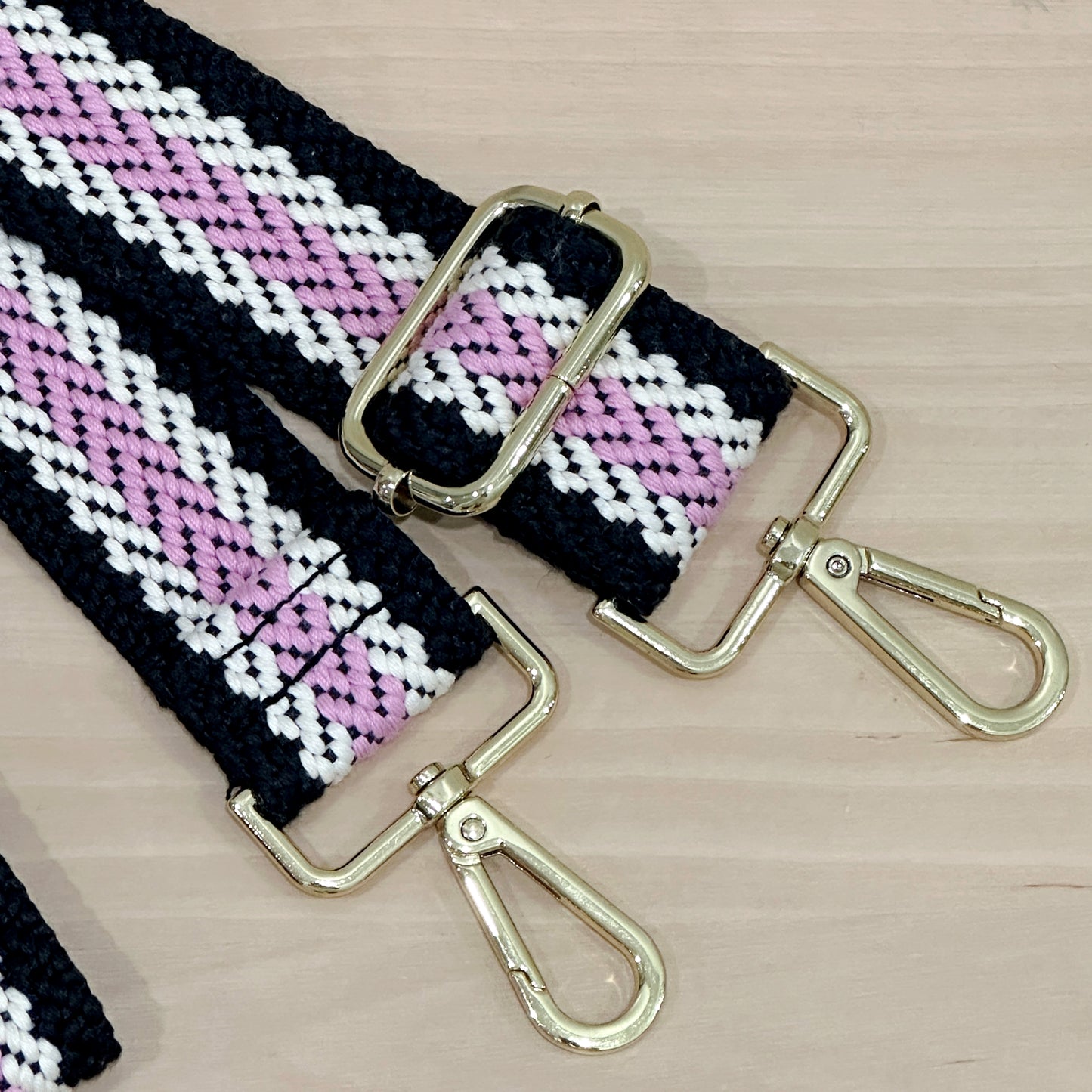 Roman Holiday Bag Strap Thin Stripe Print - Pink/Black/White - Gold