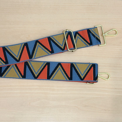 Roman Holiday Bag Strap Triangle Print - Orange/Blue/Brown - Gold