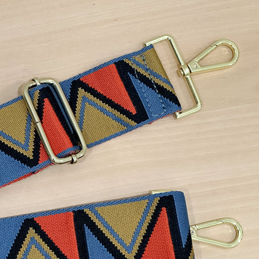 Roman Holiday Bag Strap Triangle Print - Orange/Blue/Brown - Gold