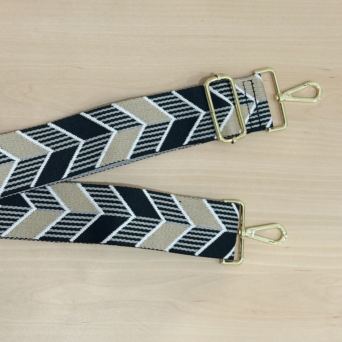 Roman Holiday Bag Strap Herringbone Print - Black/Beige/White - Gold