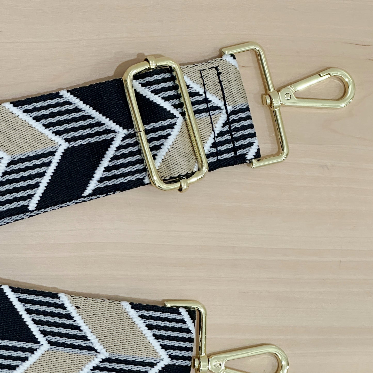 Roman Holiday Bag Strap Herringbone Print - Black/Beige/White - Gold