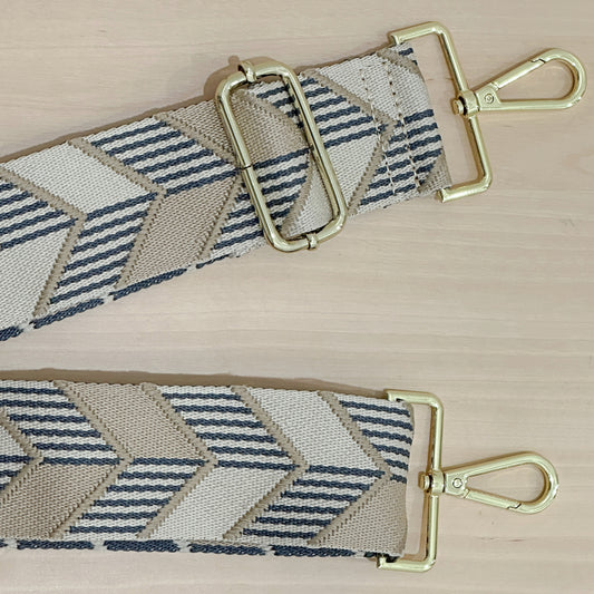 Roman Holiday Bag Strap Herringbone Print - Grey/Beige - Gold