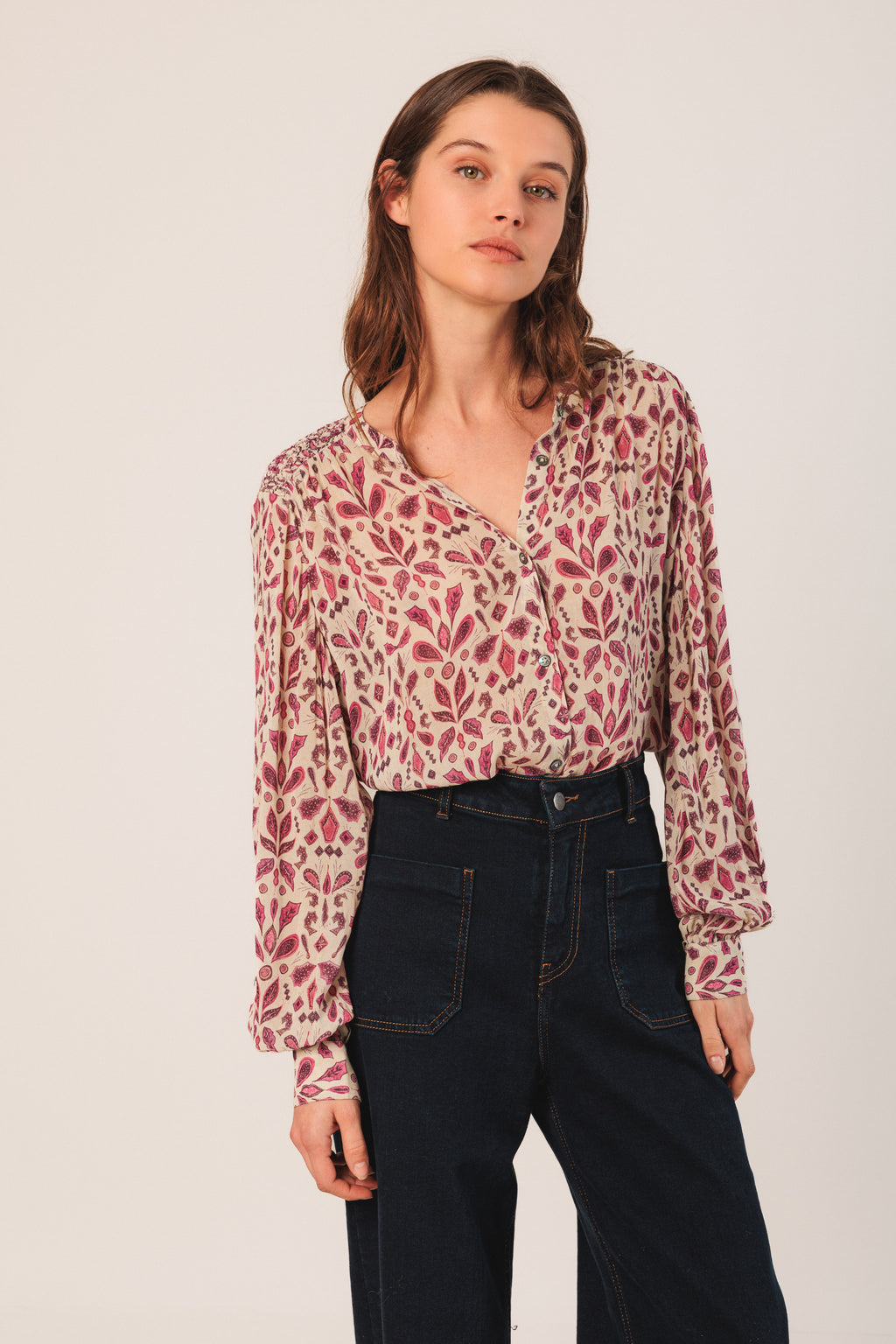 Indi & Cold Smock-Detail Shirt (KI197) - Frambuesa