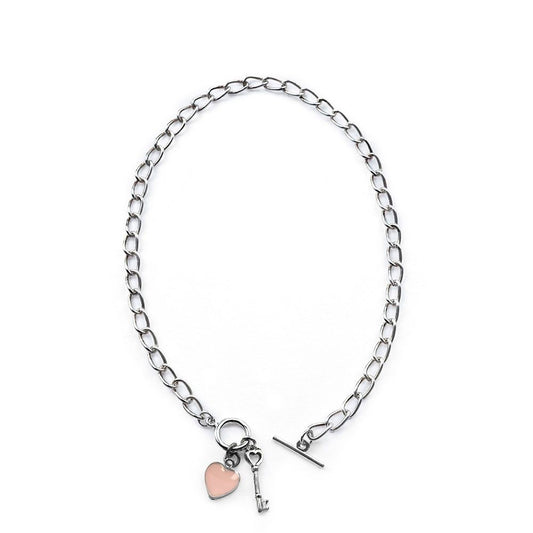 Vestopazzo Pink Heart Pendant Chain Necklace (LO53121) - Silver