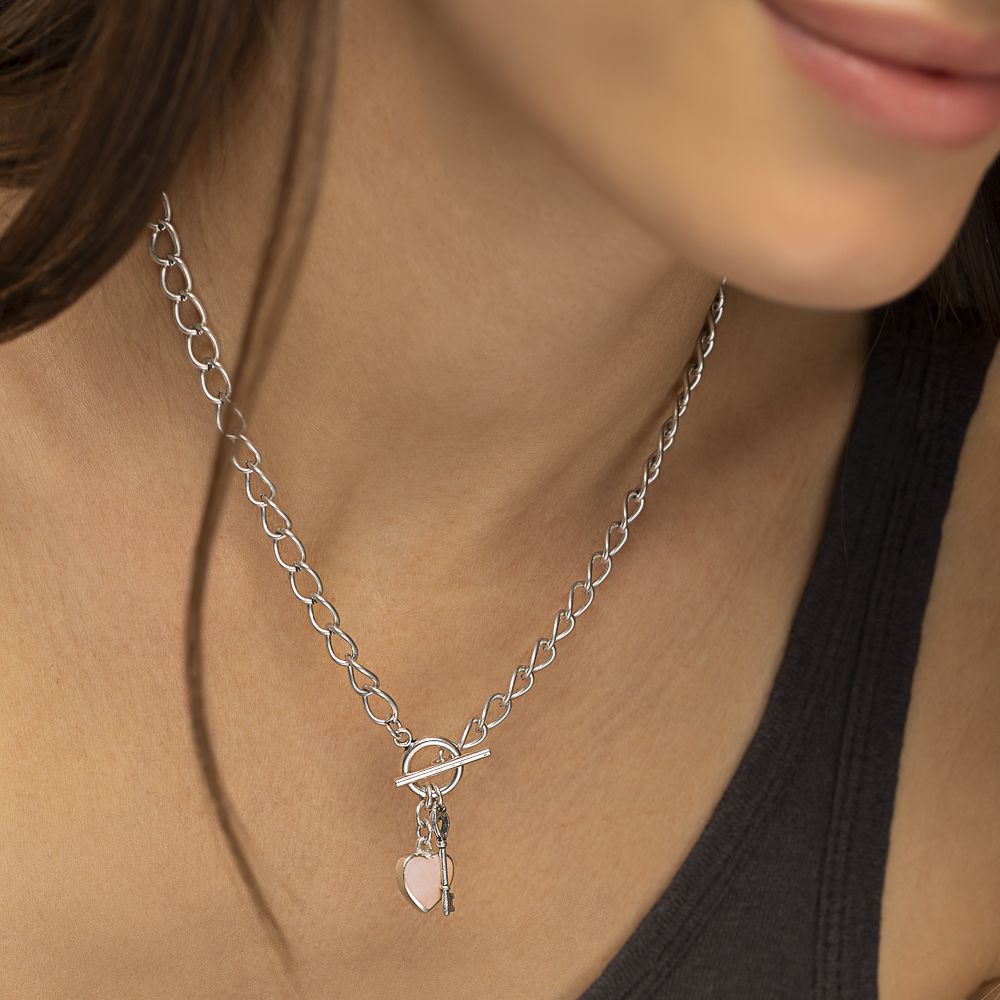 Vestopazzo Pink Heart Pendant Chain Necklace (LO53121) - Silver