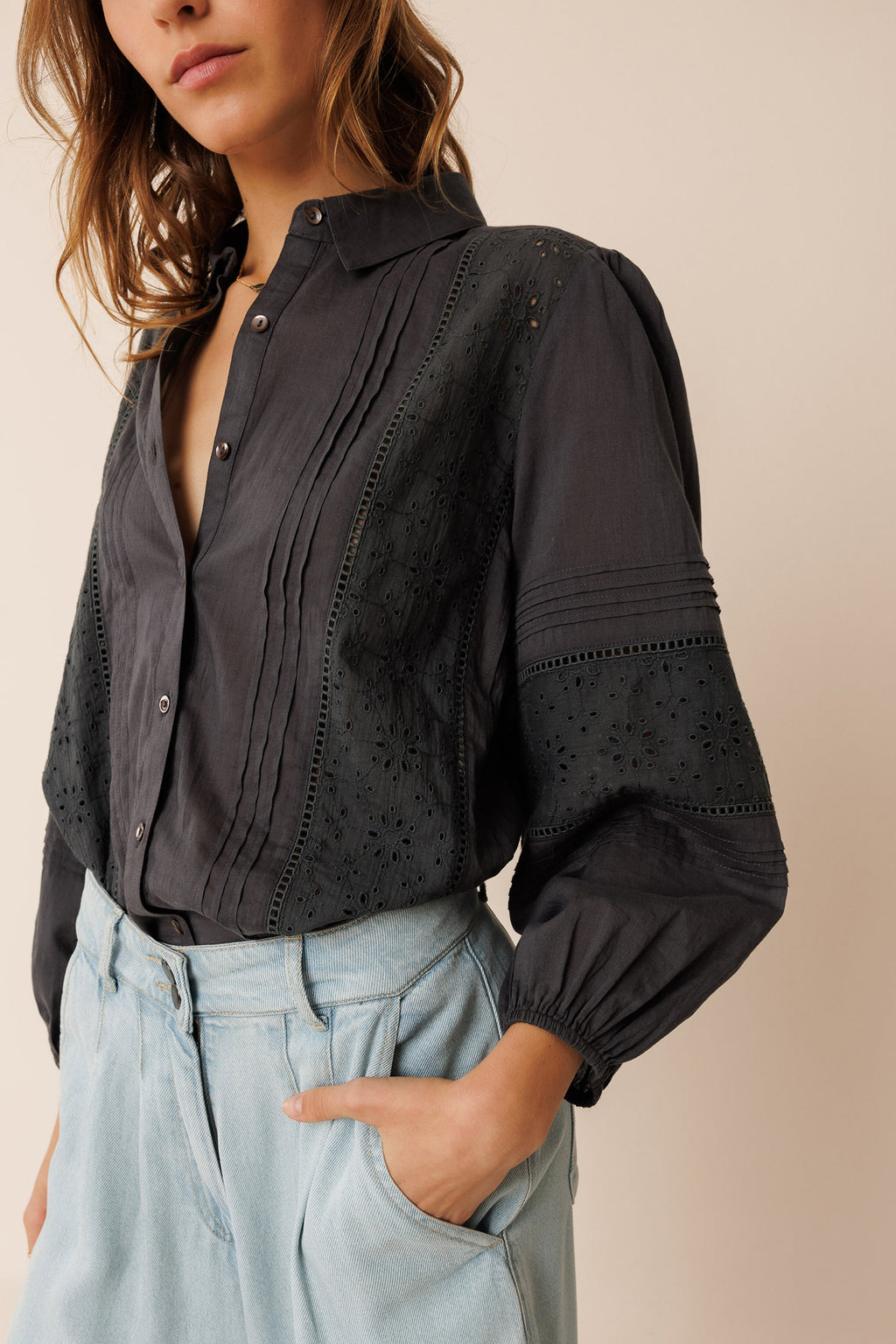 Indi & Cold Embroidered Voile Shirt (MC113) - Carbon