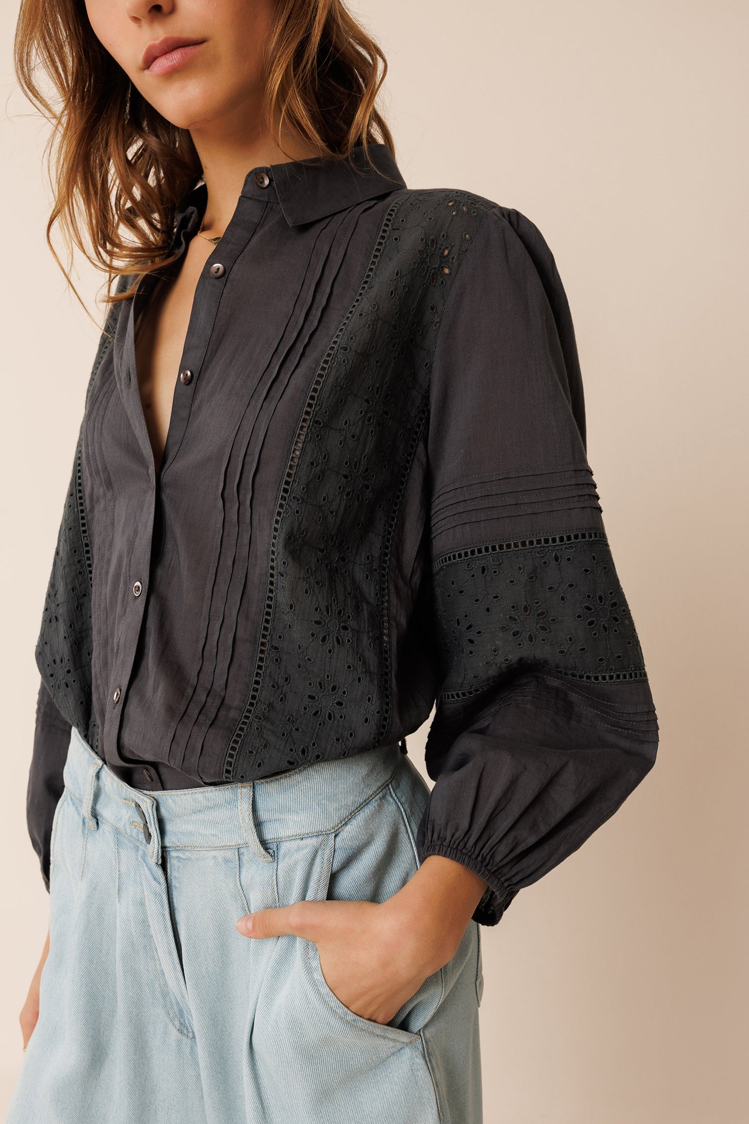 Indi & Cold Embroidered Voile Shirt (MC113) - Carbon