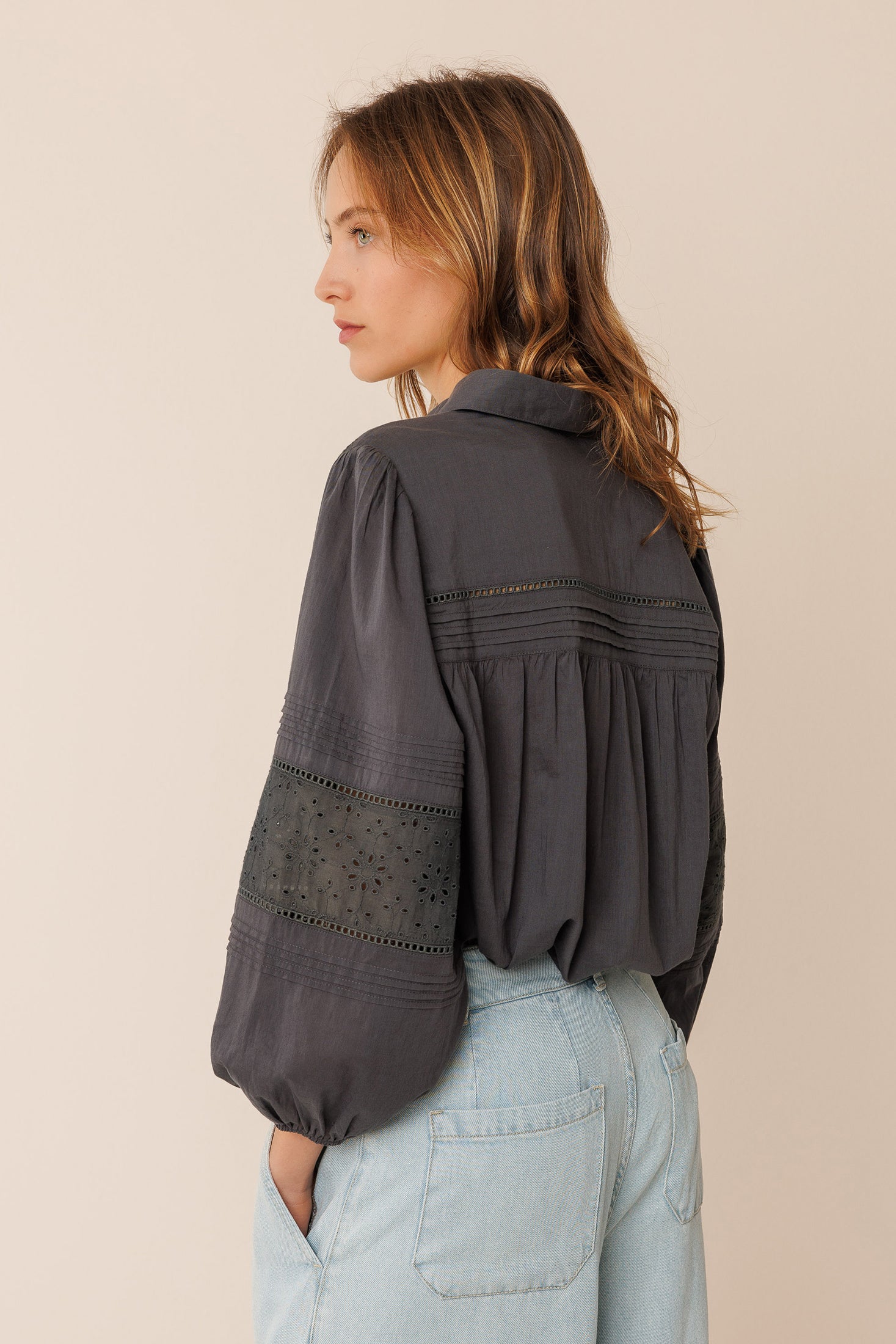 Indi & Cold Embroidered Voile Shirt (MC113) - Carbon