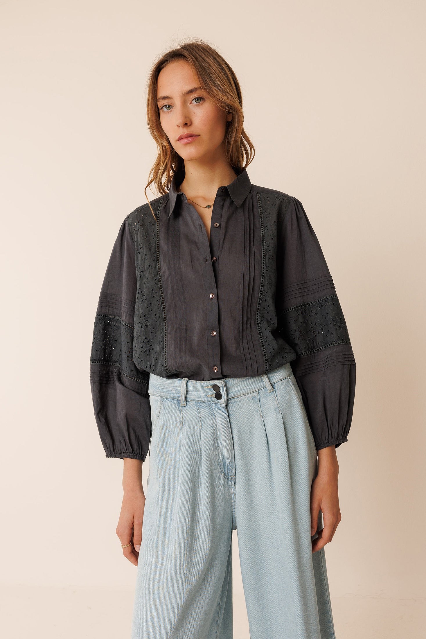 Indi & Cold Embroidered Voile Shirt (MC113) - Carbon