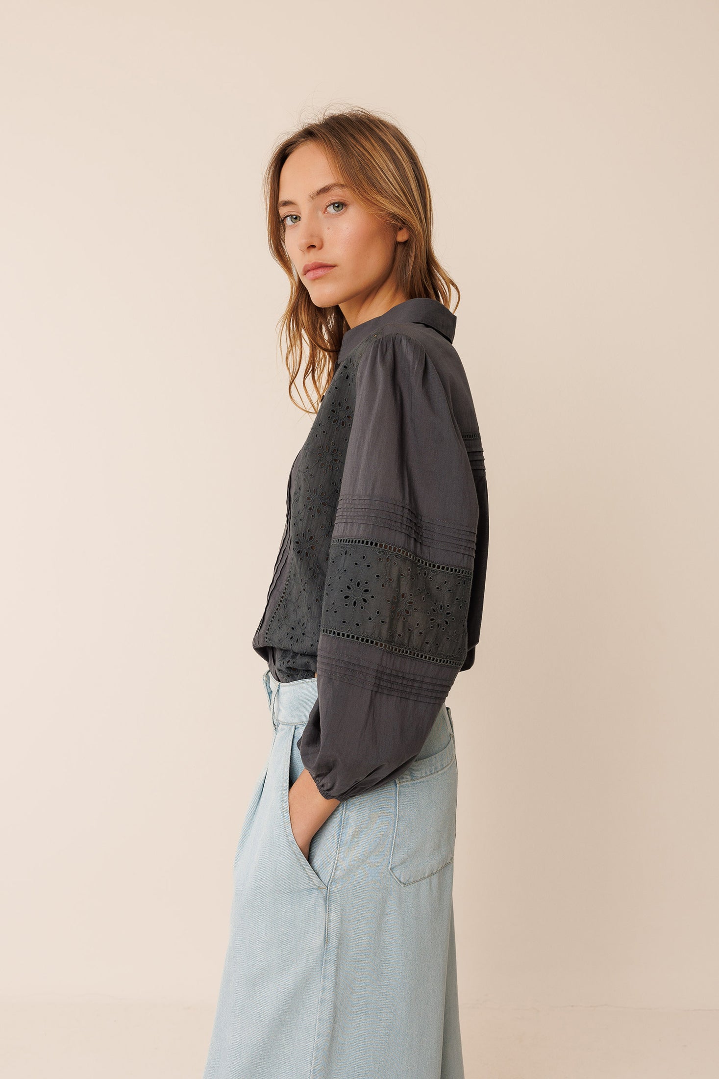Indi & Cold Embroidered Voile Shirt (MC113) - Carbon