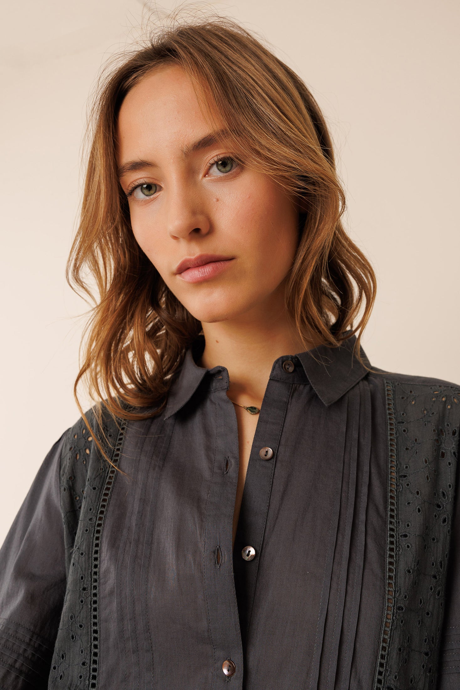 Indi & Cold Embroidered Voile Shirt (MC113) - Carbon