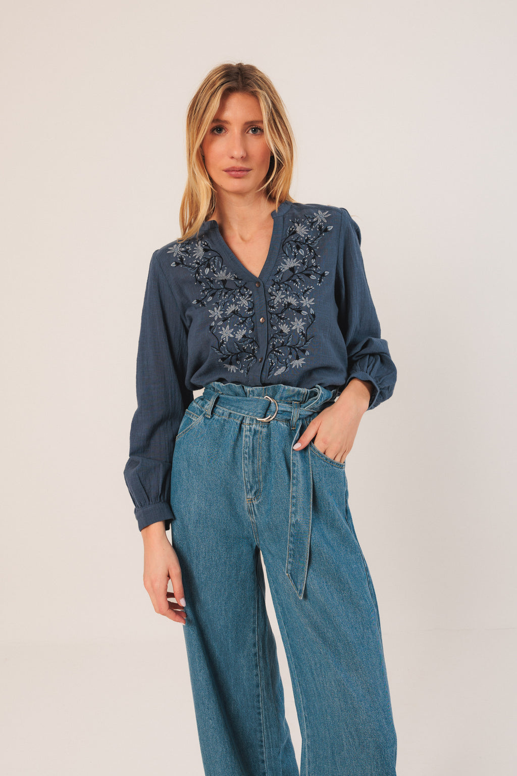 Indi & Cold Combined Embroidered Shirt (MC390) - Indigo