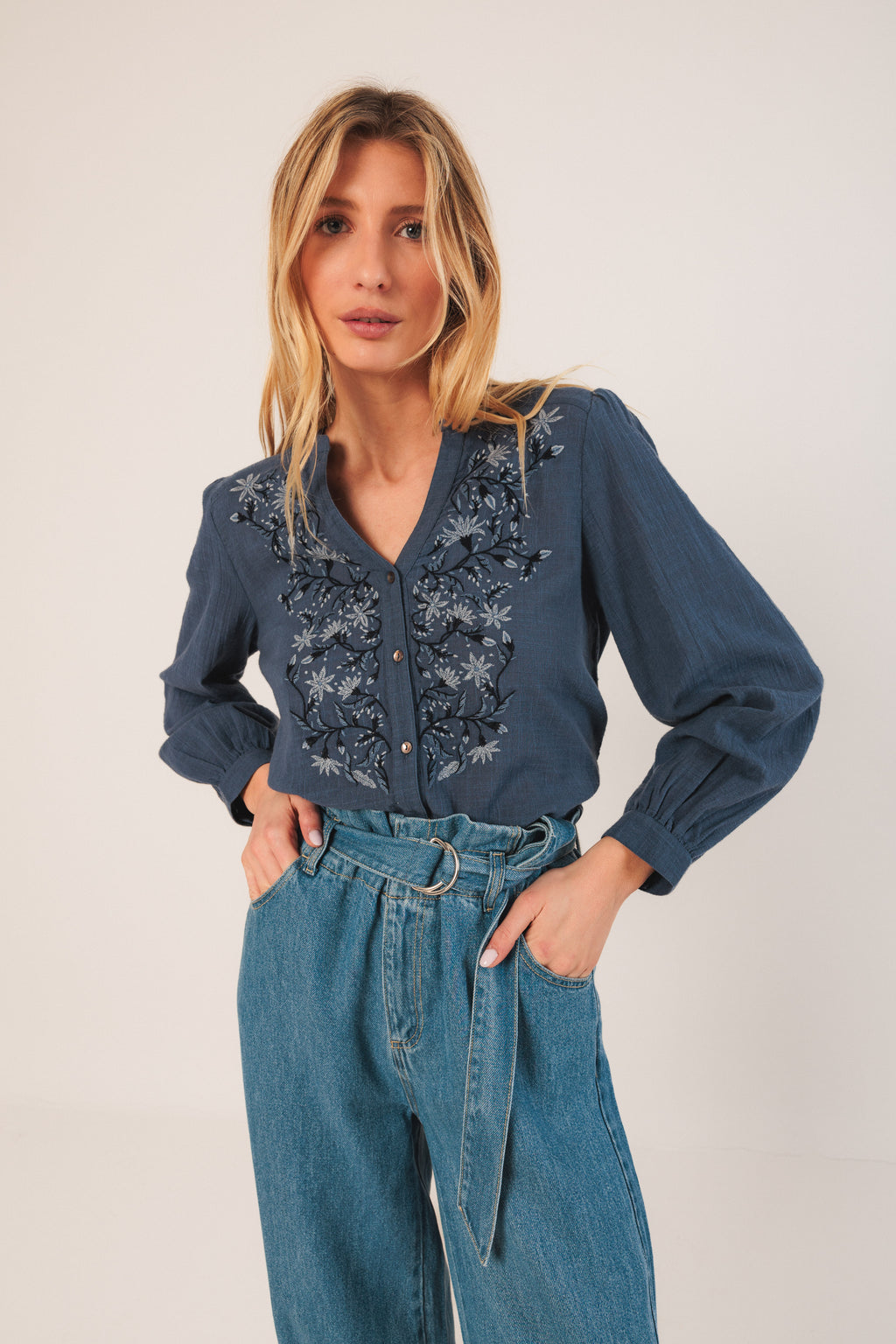 Indi & Cold Combined Embroidered Shirt (MC390) - Indigo