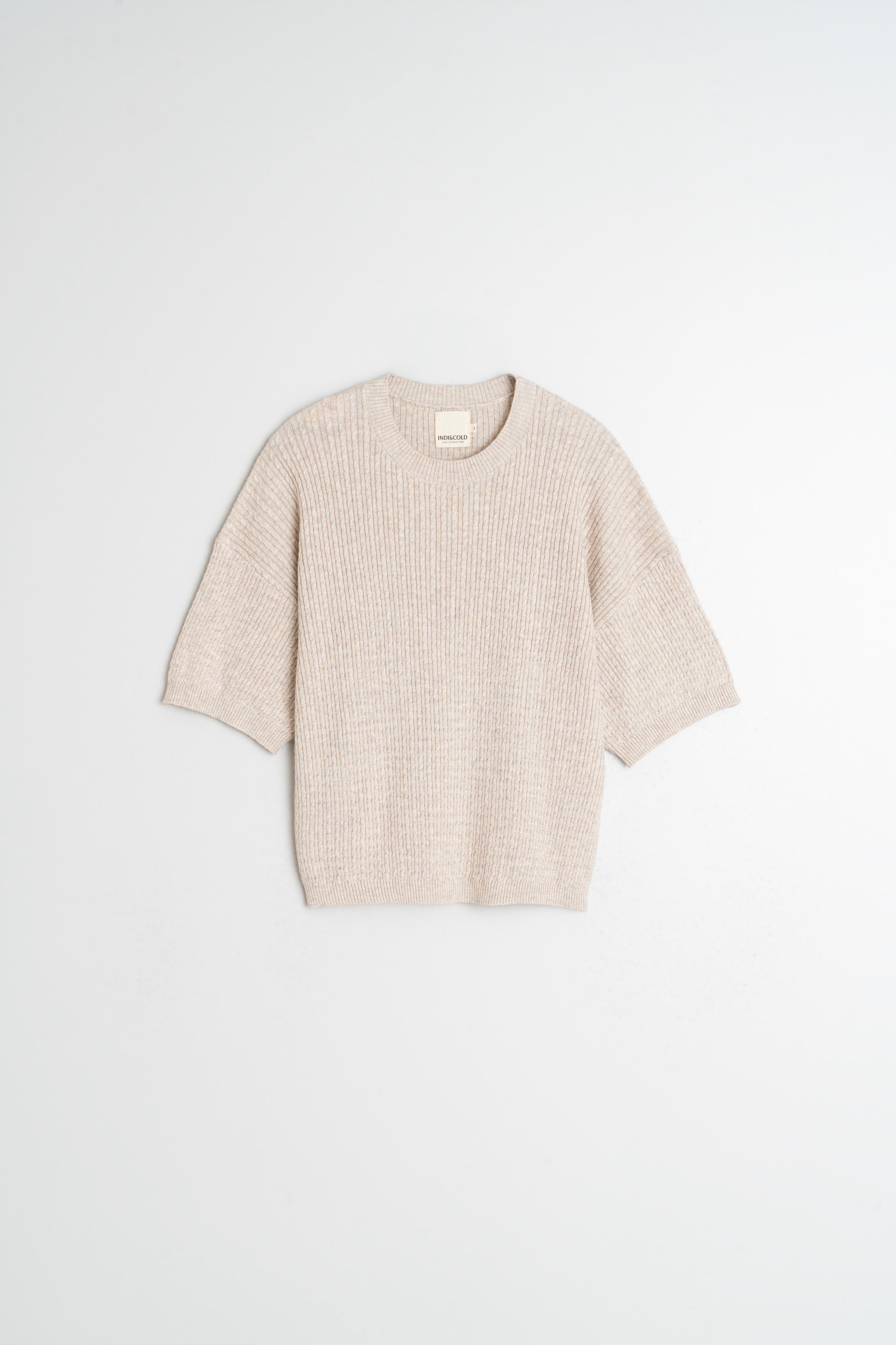 Indi & Cold Short Sleeve Cable-Knit Sweater (RD491) - Beige