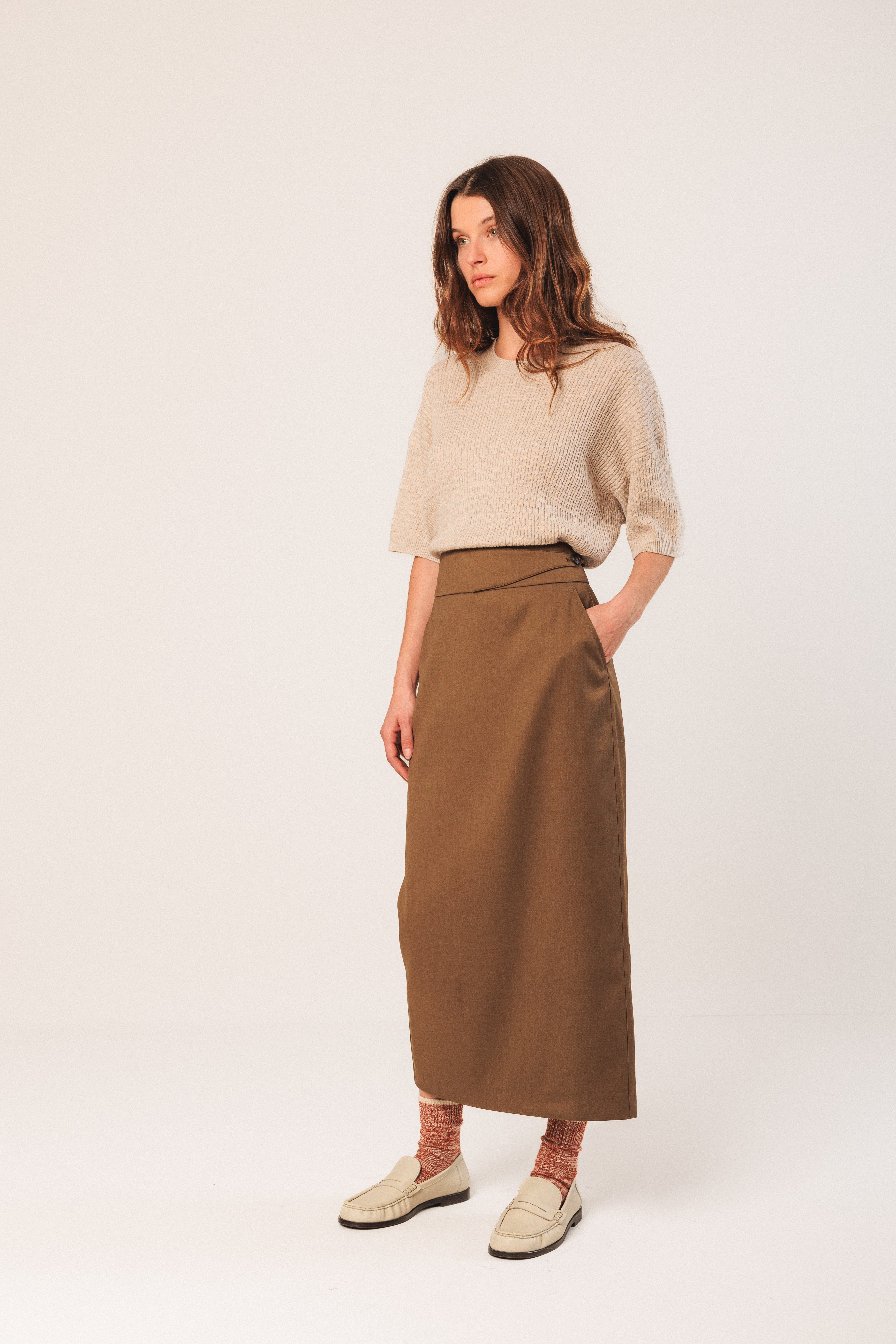 Indi & Cold Short Sleeve Cable-Knit Sweater (RD491) - Beige