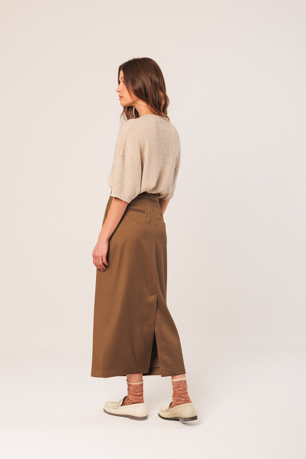 Indi & Cold Short Sleeve Cable-Knit Sweater (RD491) - Beige