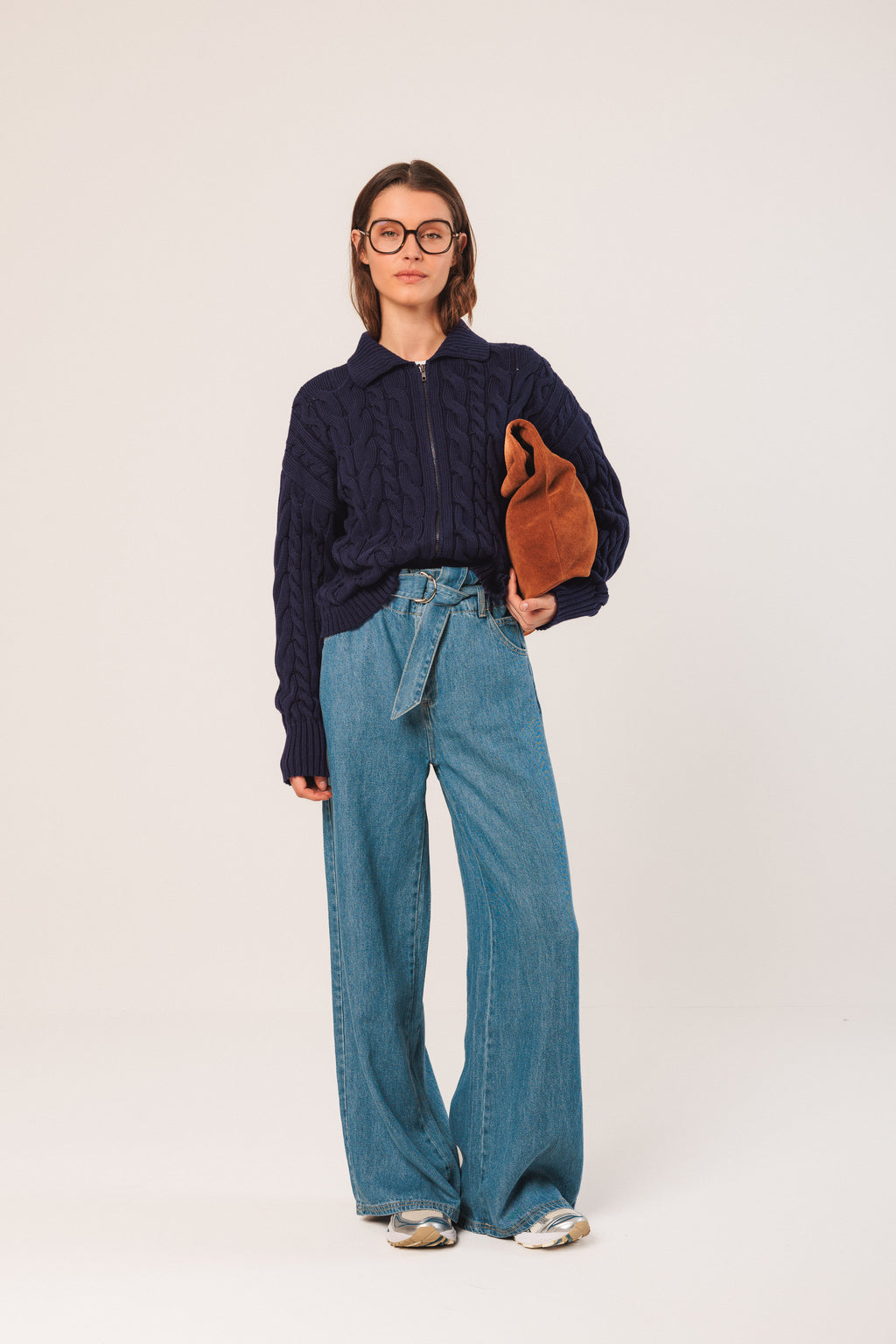 Indi & Cold Cotton Cable-Knit Cardigan (RD520) - Marino