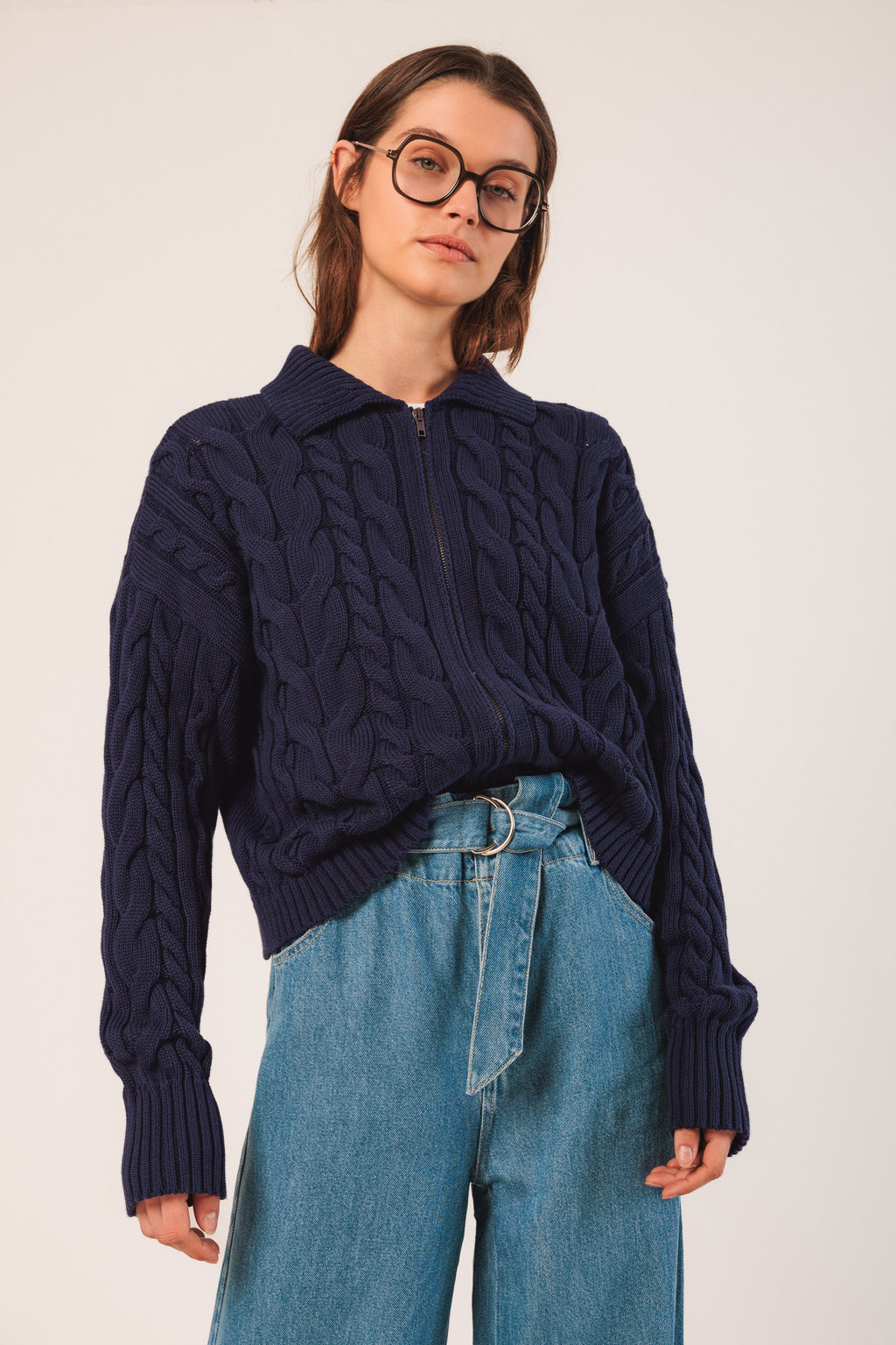 Indi & Cold Cotton Cable-Knit Cardigan (RD520) - Marino