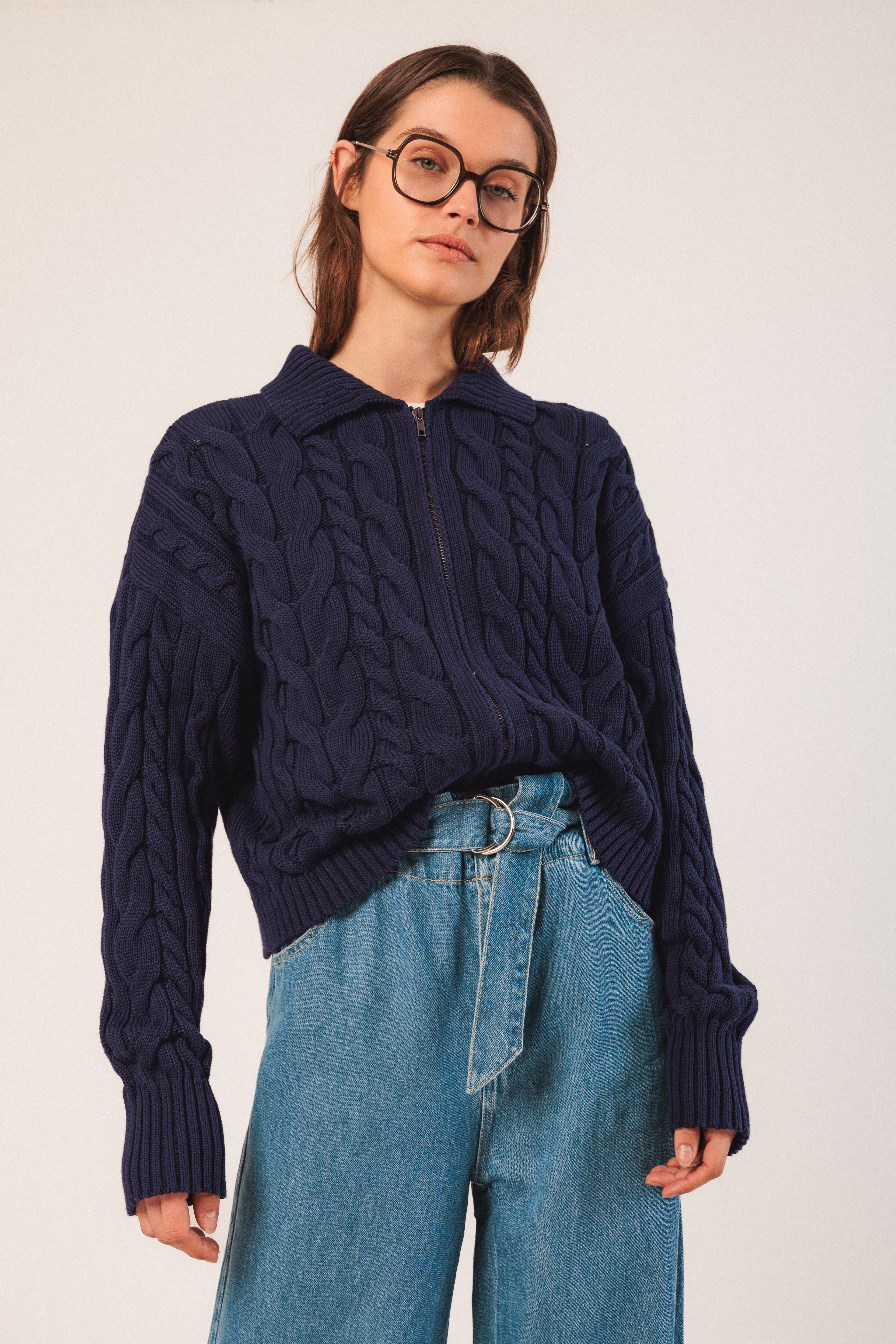 Indi & Cold Cotton Cable-Knit Cardigan (RD520) - Marino