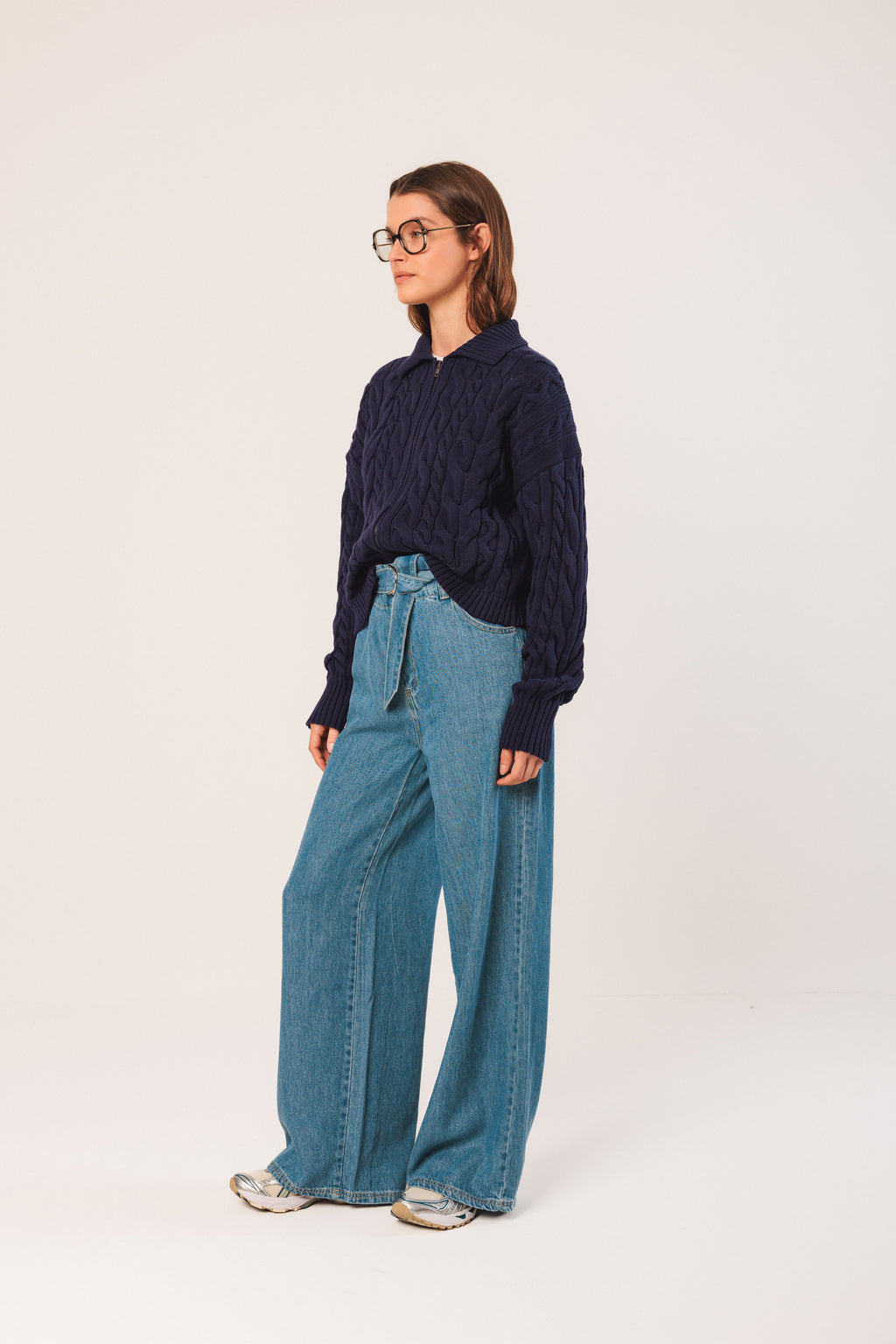 Indi & Cold Cotton Cable-Knit Cardigan (RD520) - Marino