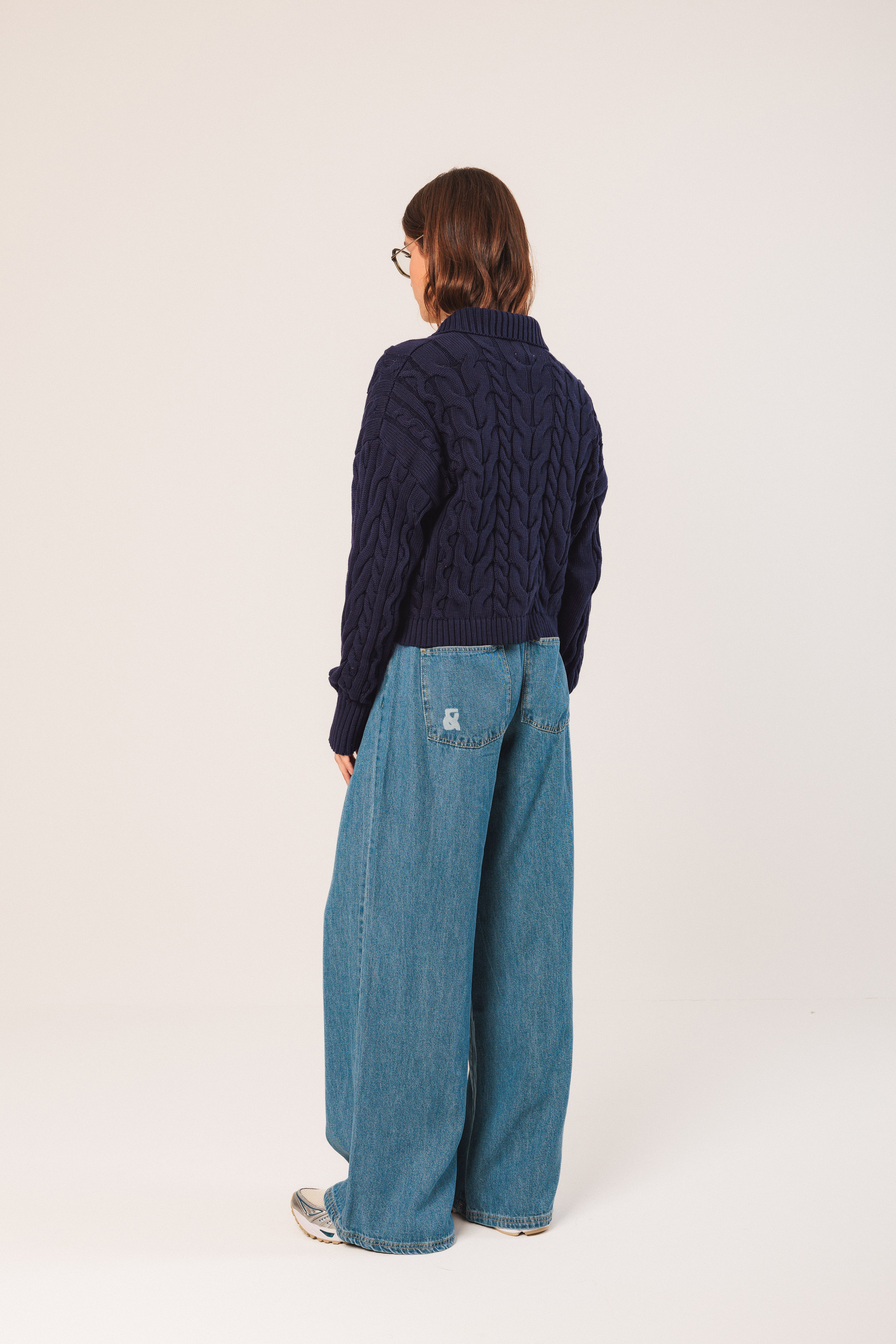 Indi & Cold Cotton Cable-Knit Cardigan (RD520) - Marino