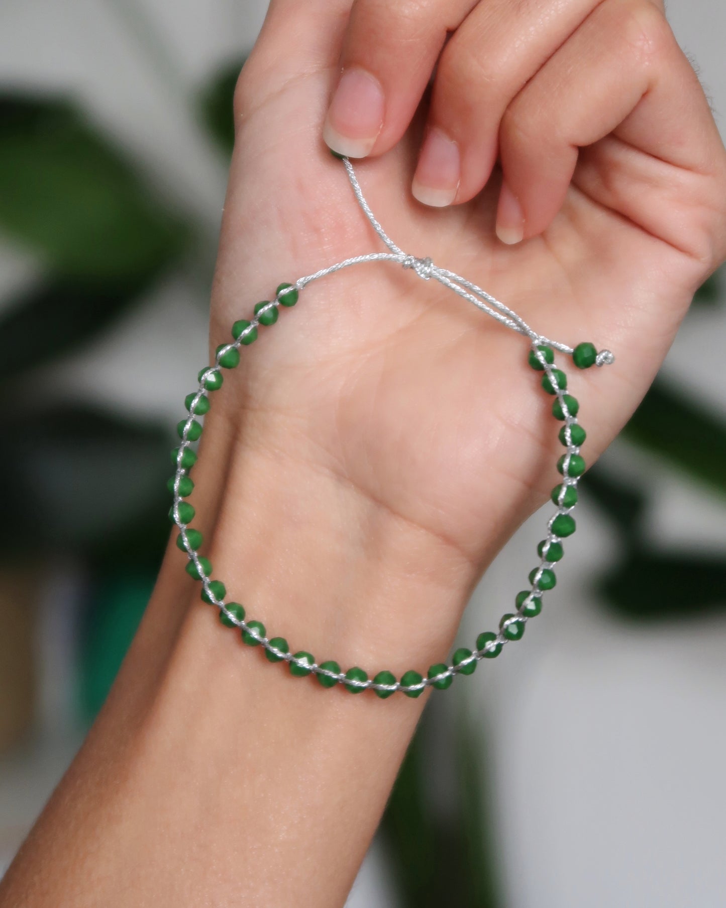 SC Crystal Drawstring Bracelet Silver Thread - Emerald/Silver