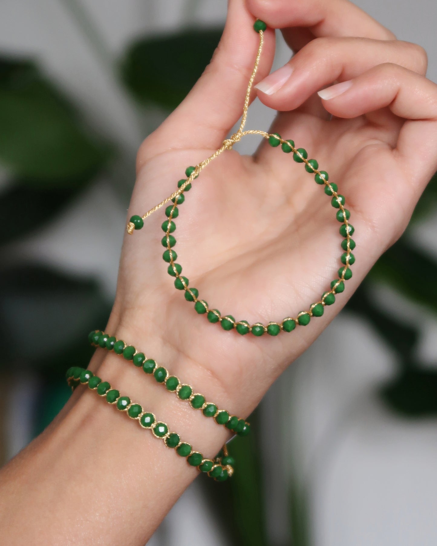 SC Crystal Drawstring Bracelet Gold Thread - Emerald/Gold