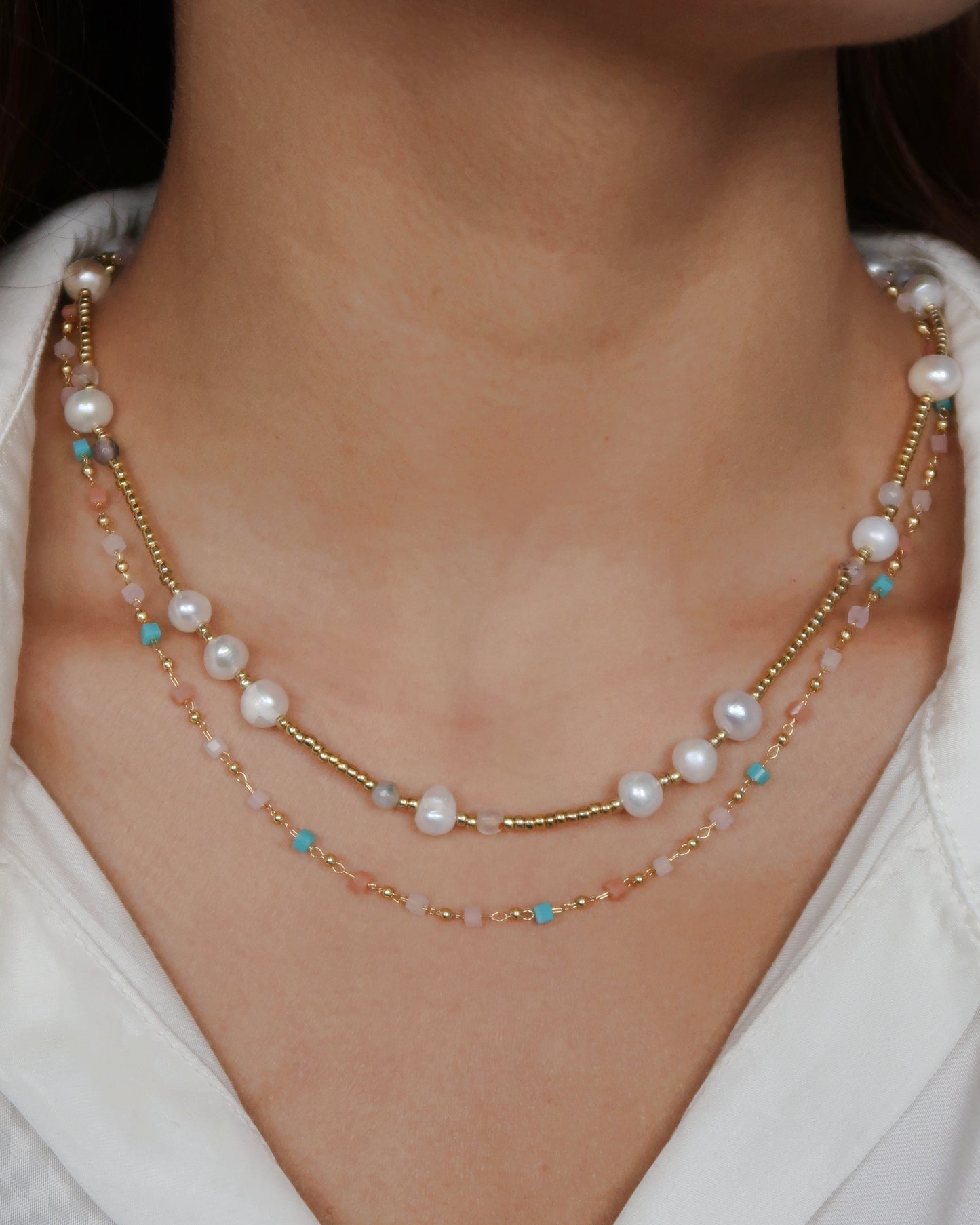 SC Pastel Stone Gold Chain Necklace - Aqua Pink Gold
