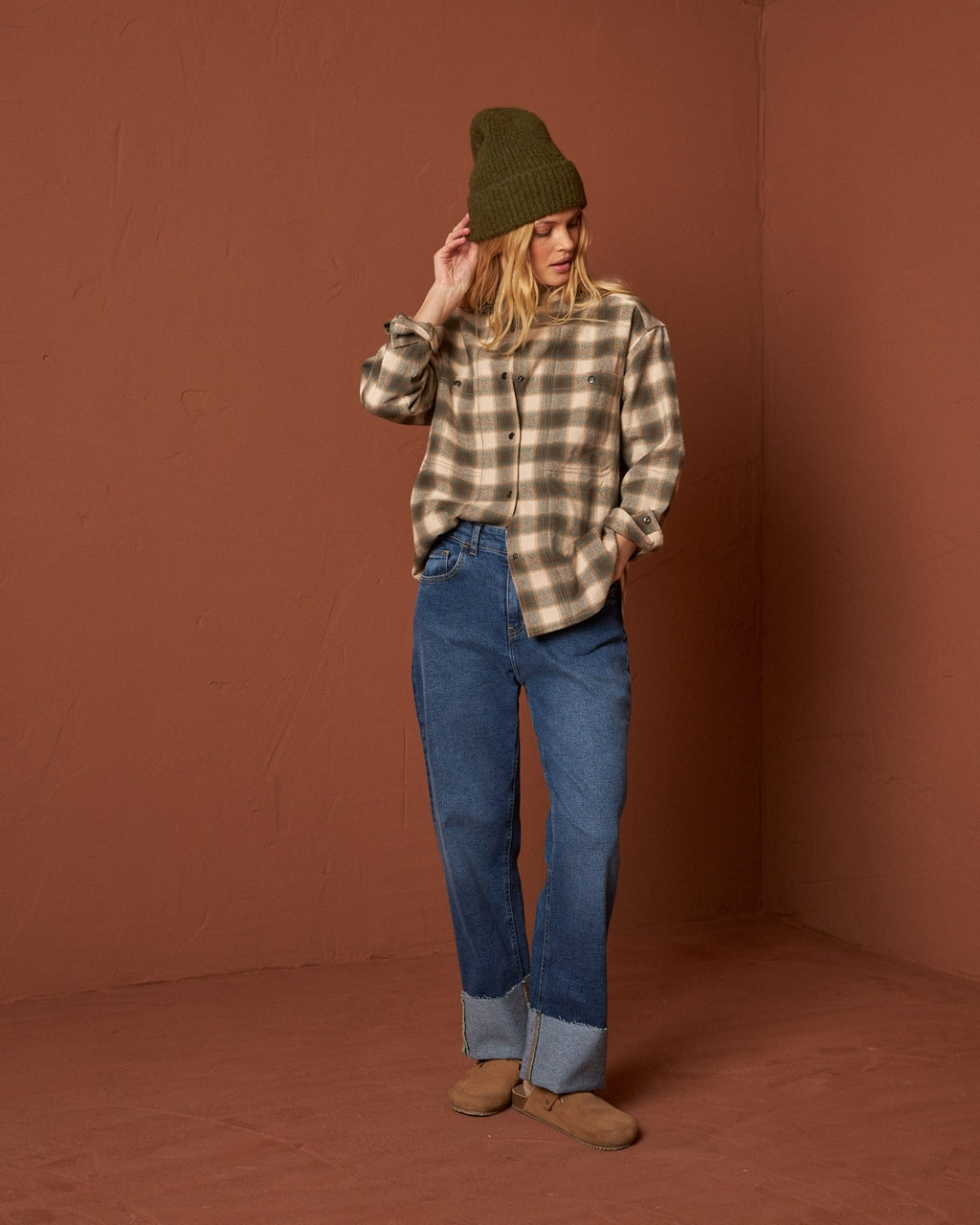 Indi & Cold Checkered Cotton Overshirt (SK211) - Verde Safari