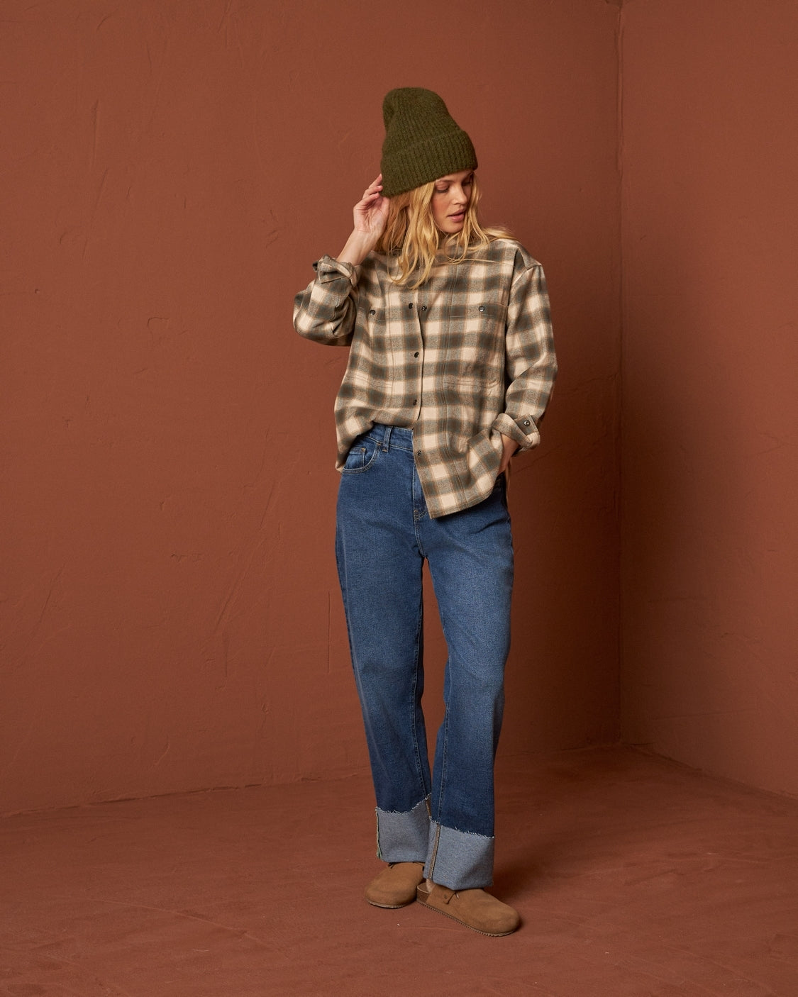 Indi & Cold Checkered Cotton Overshirt (SK211) - Verde Safari