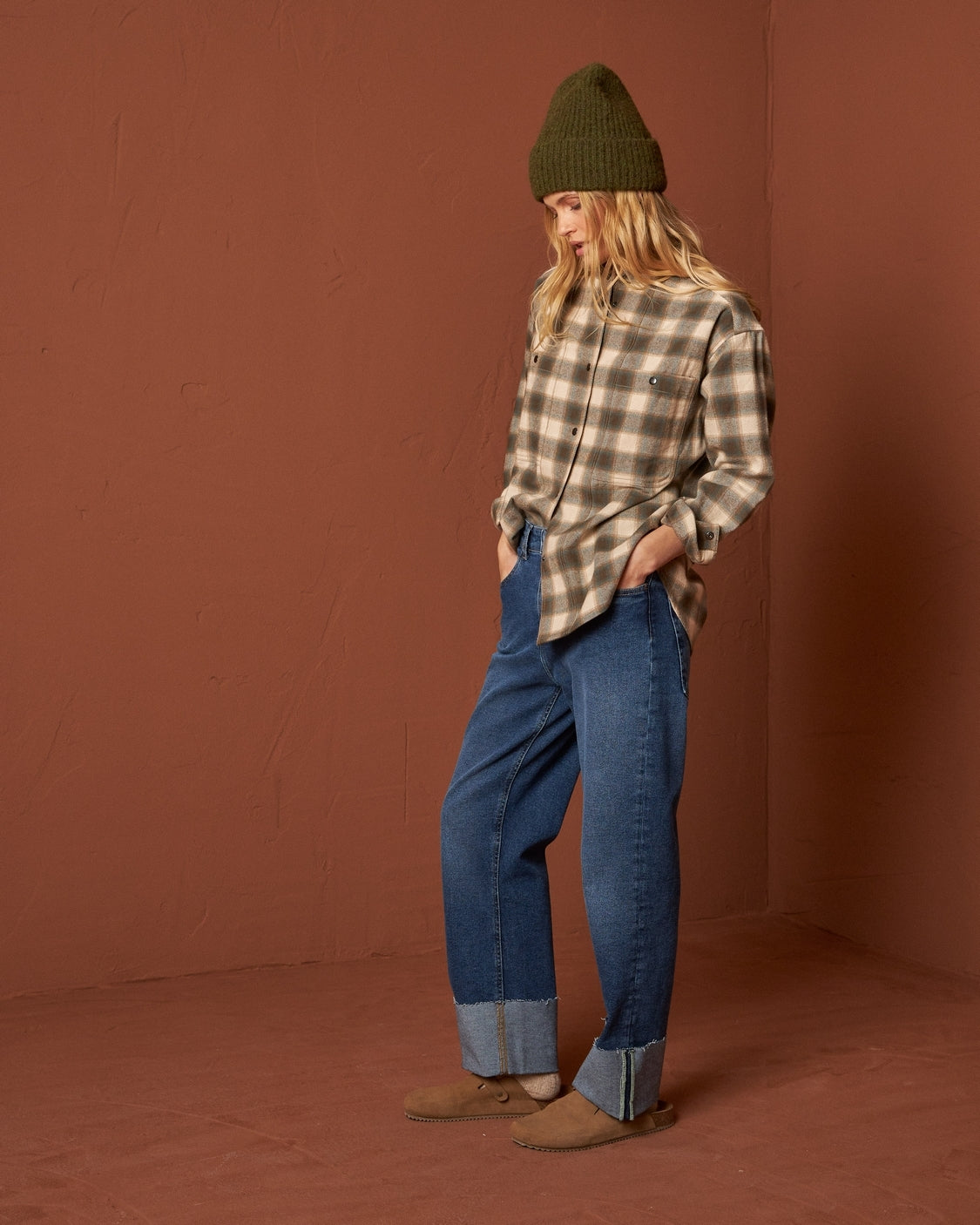 Indi & Cold Checkered Cotton Overshirt (SK211) - Verde Safari