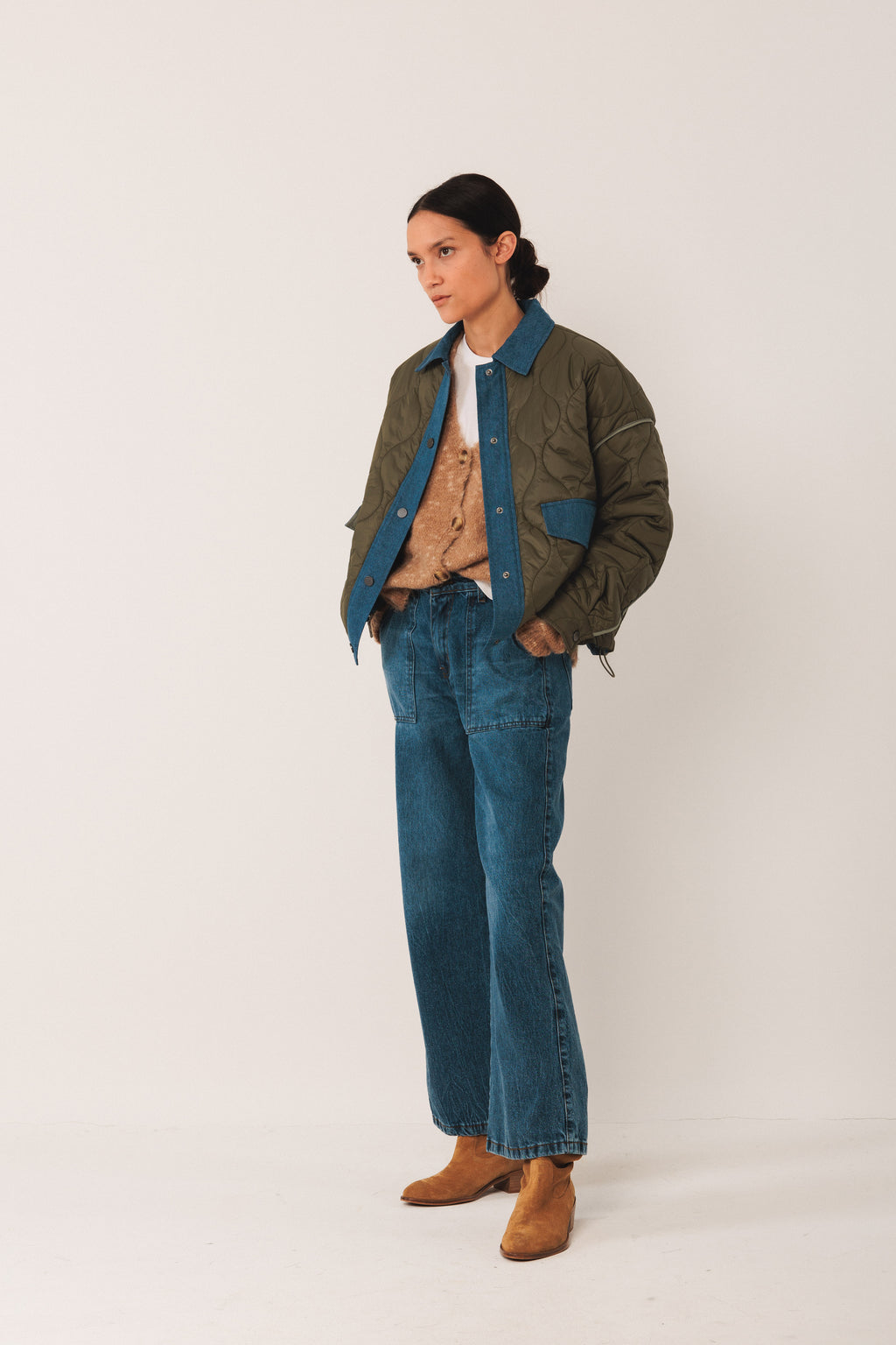 Indi & Cold Retro Quilted Biker Jacket (ST685) - Khaki