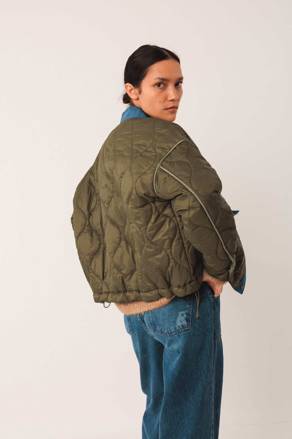 Indi & Cold Retro Quilted Biker Jacket (ST685) - Khaki