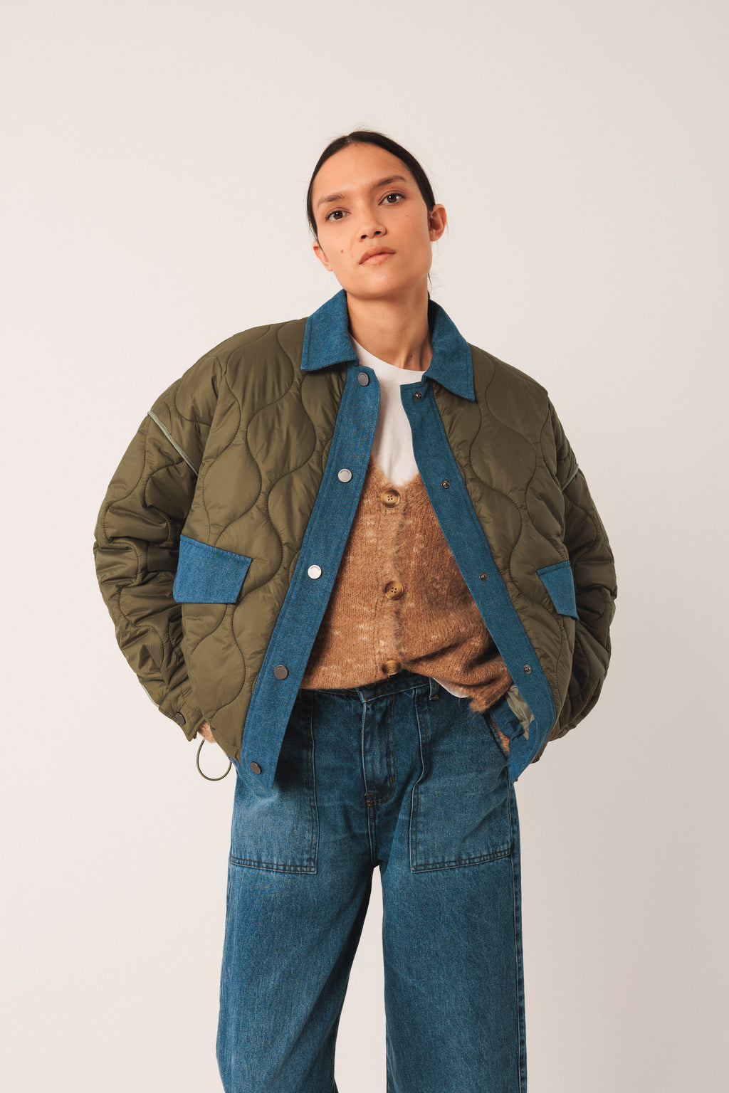 Indi & Cold Retro Quilted Biker Jacket (ST685) - Khaki