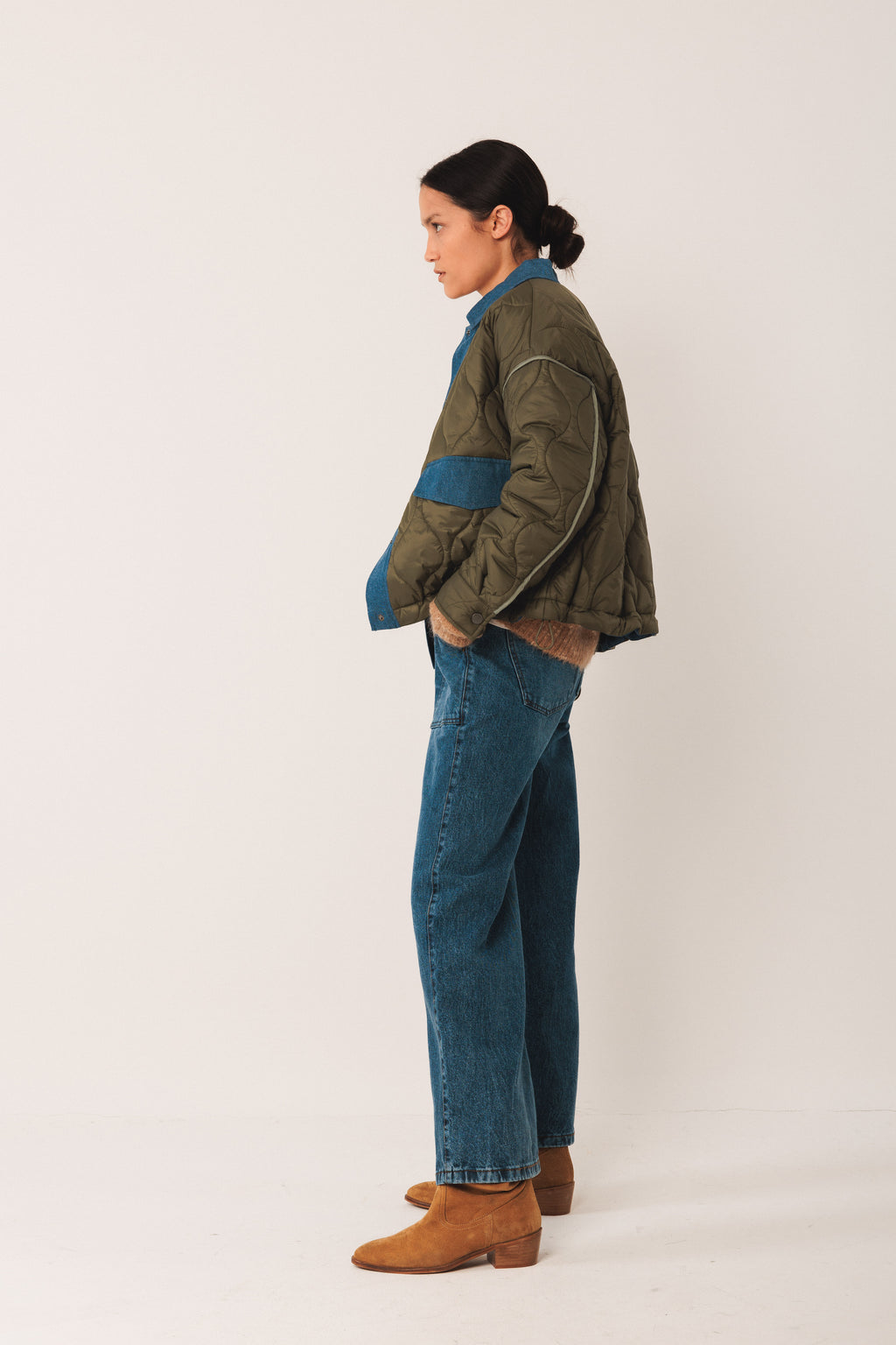 Indi & Cold Retro Quilted Biker Jacket (ST685) - Khaki