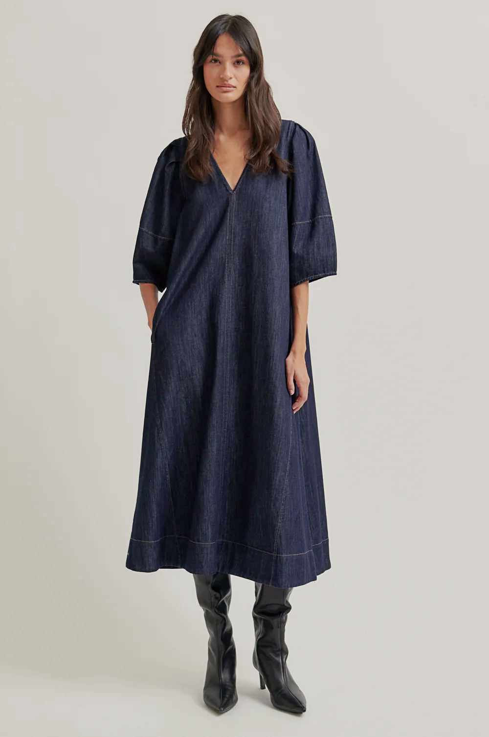 Second Female Dera V Neck Denim Dress - Dark Blue Denim