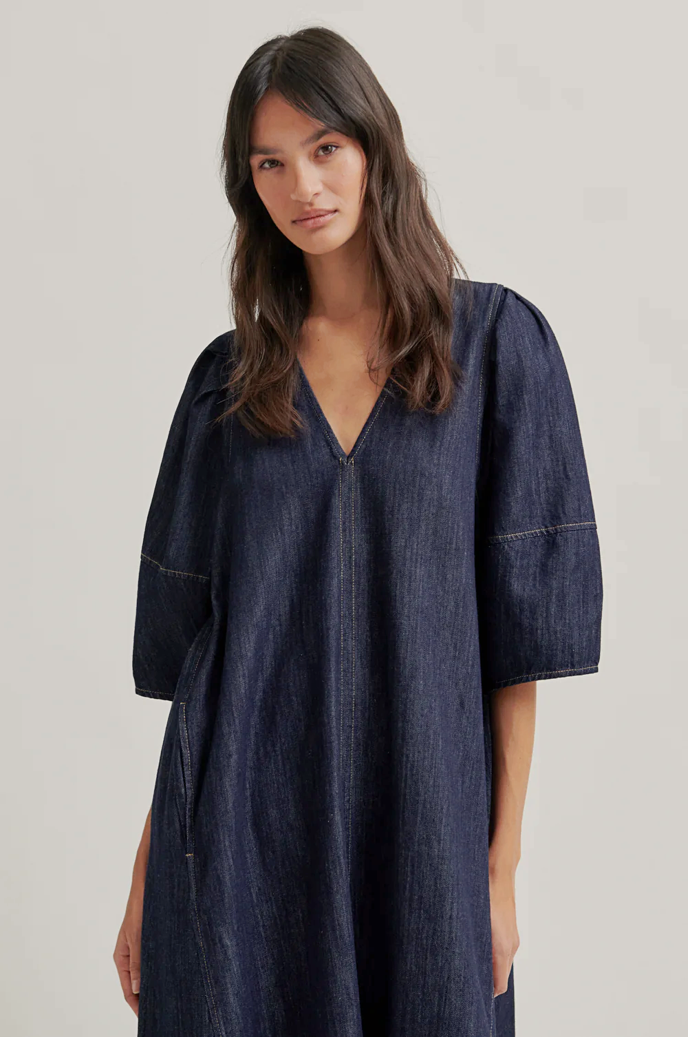 Second Female Dera V Neck Denim Dress - Dark Blue Denim