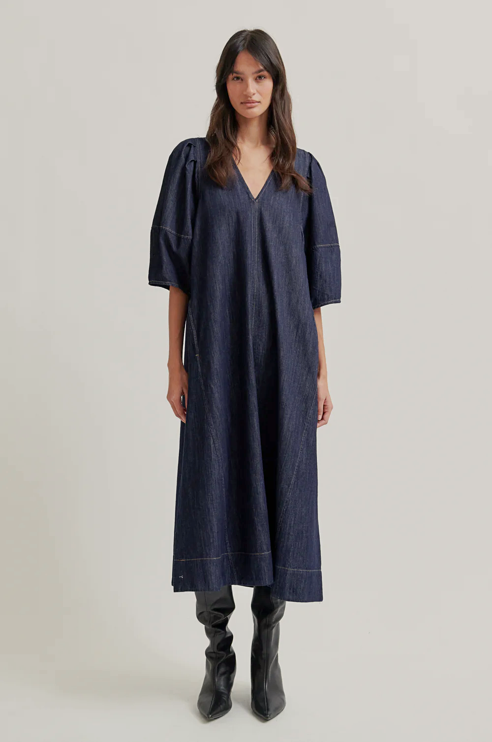 Second Female Dera V Neck Denim Dress - Dark Blue Denim