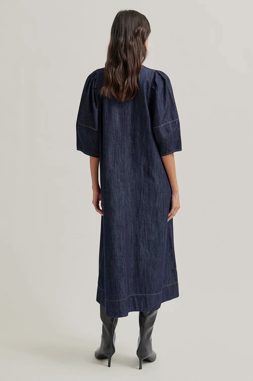 Second Female Dera V Neck Denim Dress - Dark Blue Denim