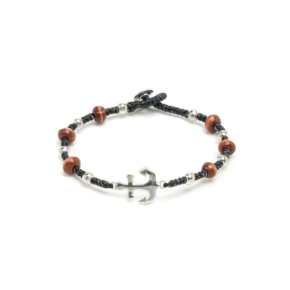 Vestopazzo Anchor/Wood Spheres Waxed String Bracelet (WO1011) - Silver