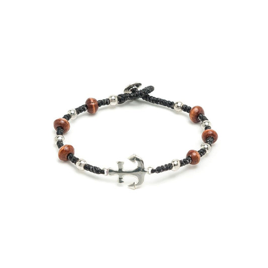Vestopazzo Anchor/Wood Spheres Waxed String Bracelet (WO1011) - Silver