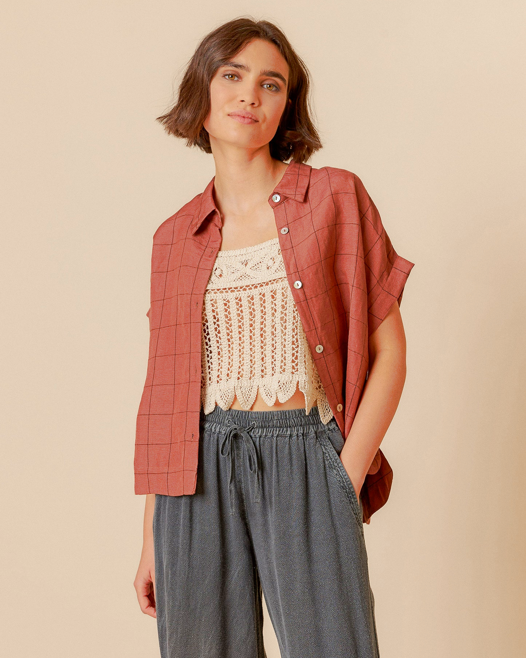 Indi & Cold Windowpane Check Shirt (MI221) - Sandia