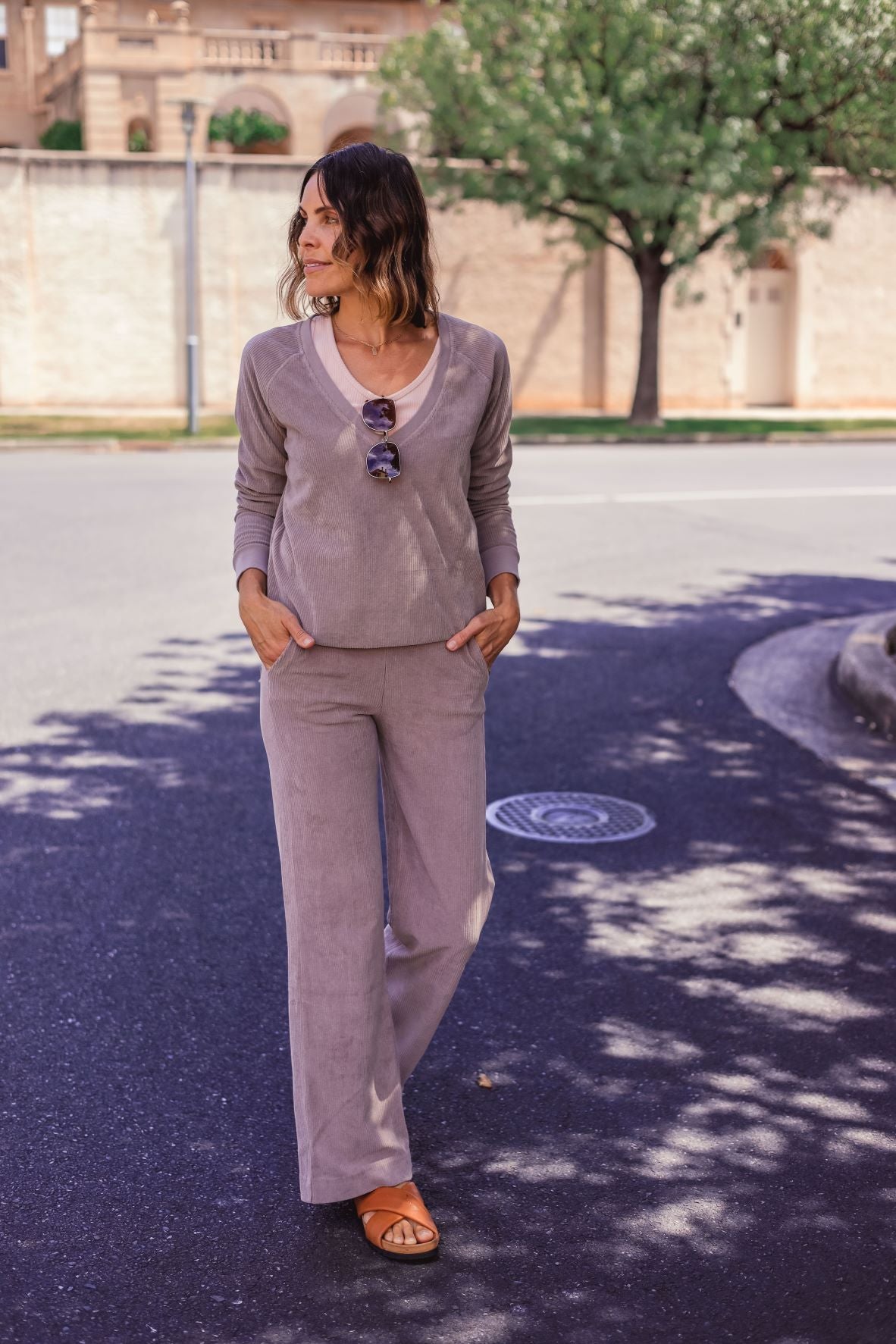 Maya Melbourne Como V-Neck Corduroy Sweater - Almond